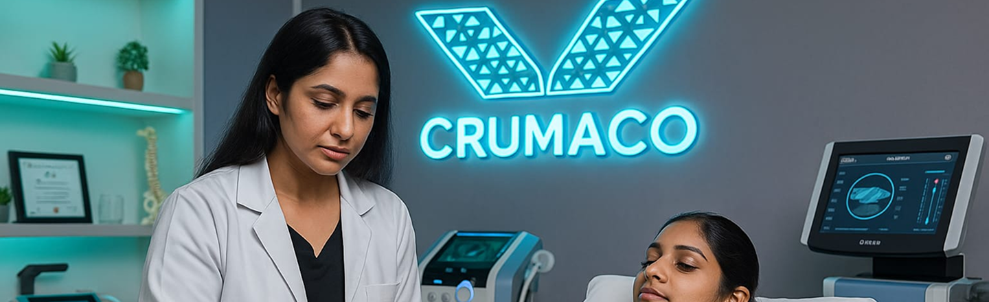 Healthcare professional wearing a white coat attending to a patient lying on a medical bed with diagnostic equipment and a digital screen nearby, under a Crumaco logo.