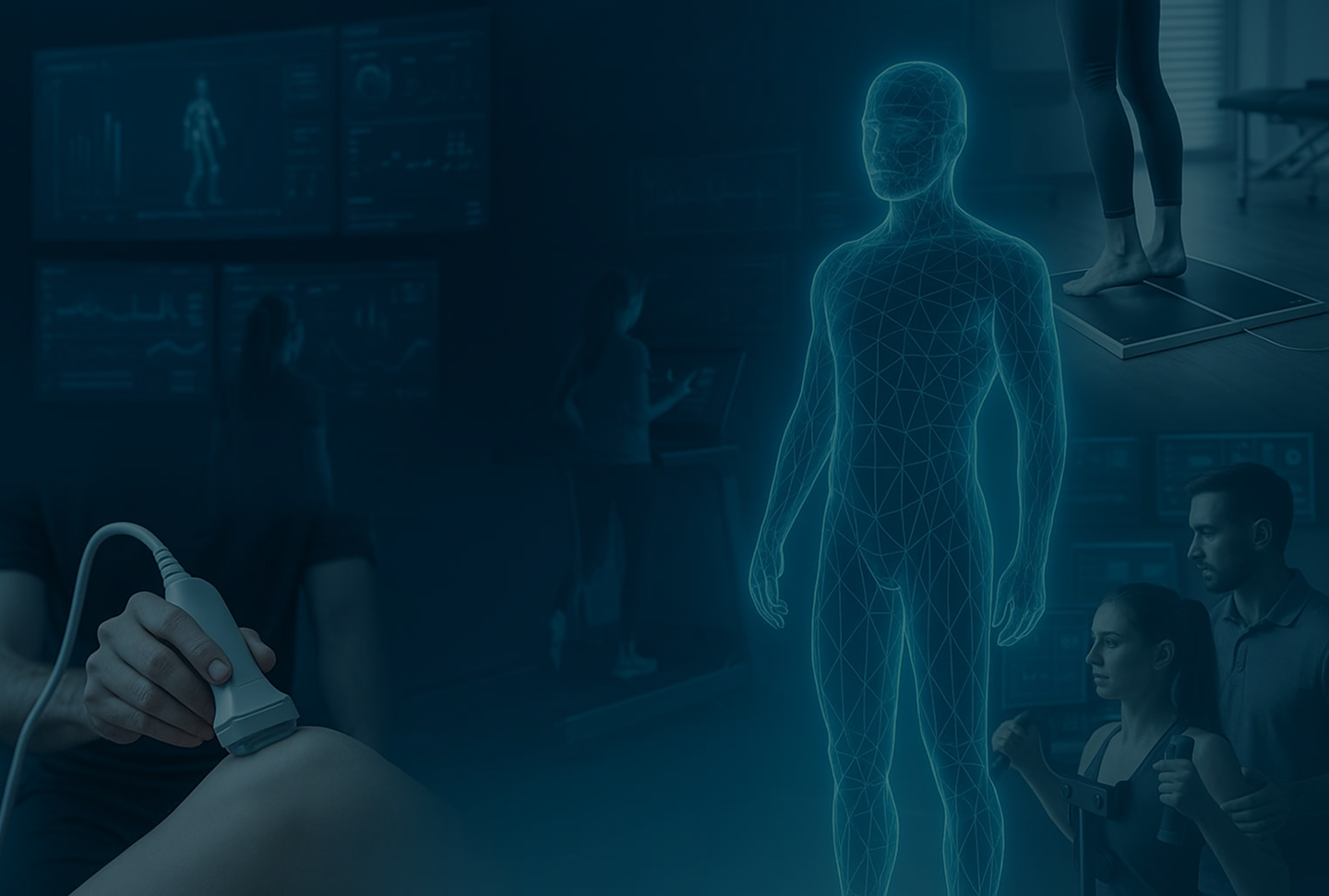 Collage showing a person using an ultrasound device on a knee, a digital 3D human figure, a person standing barefoot on a pressure measurement platform, and a physical therapist assisting a woman with an exercise machine.