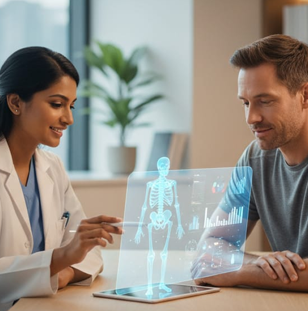 Female doctor explaining a digital hologram of a human skeleton to a male patient in a consultation room.