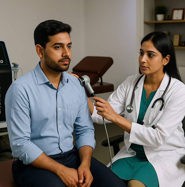 Female doctor using a handheld device to examine the shoulder of a seated male patient in a medical office.
