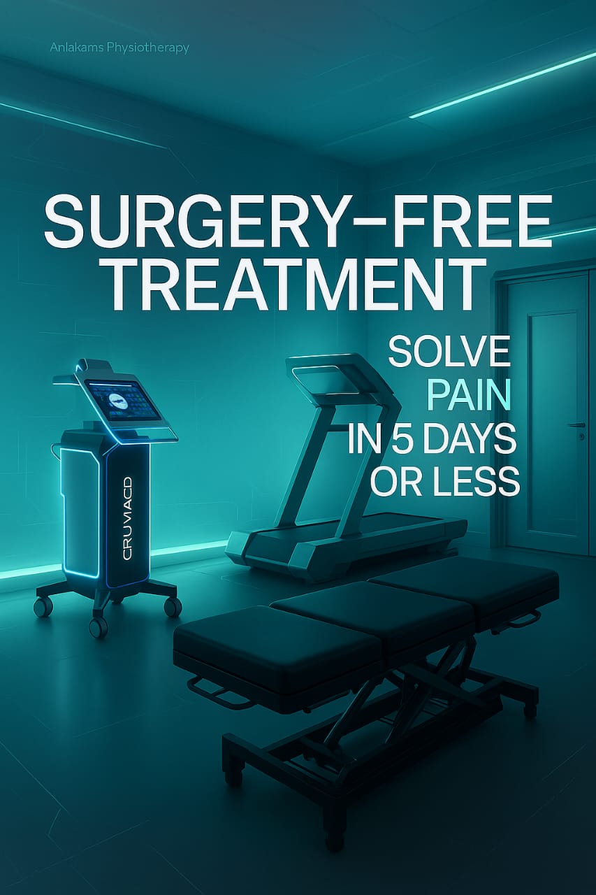 Modern physiotherapy room with a treadmill, treatment table, and a CRUVIA CD machine with text offering surgery-free treatment to solve pain in 5 days or less.