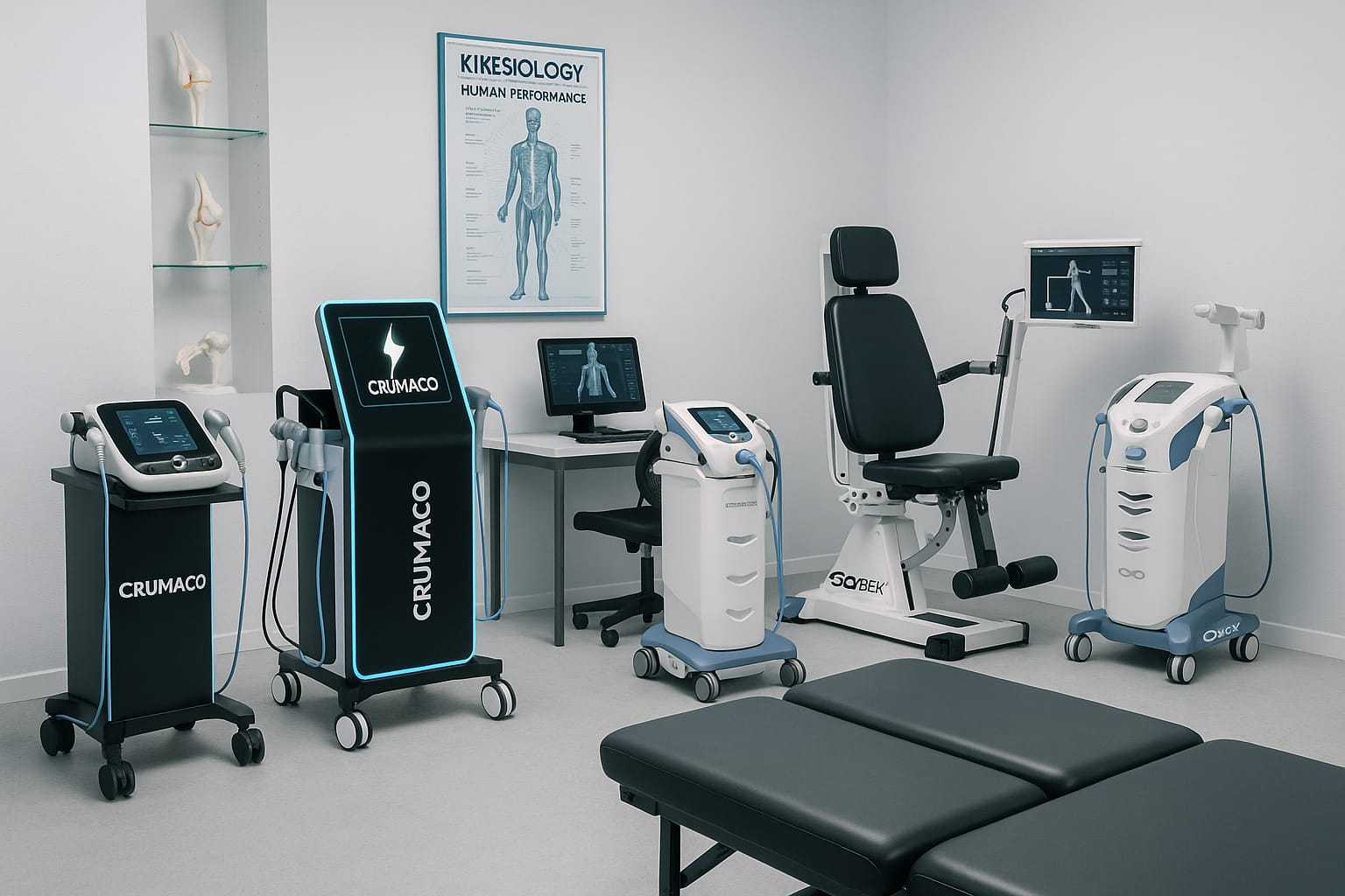 Modern physical therapy room with advanced rehabilitation machines, treatment table, and anatomical poster on the wall.