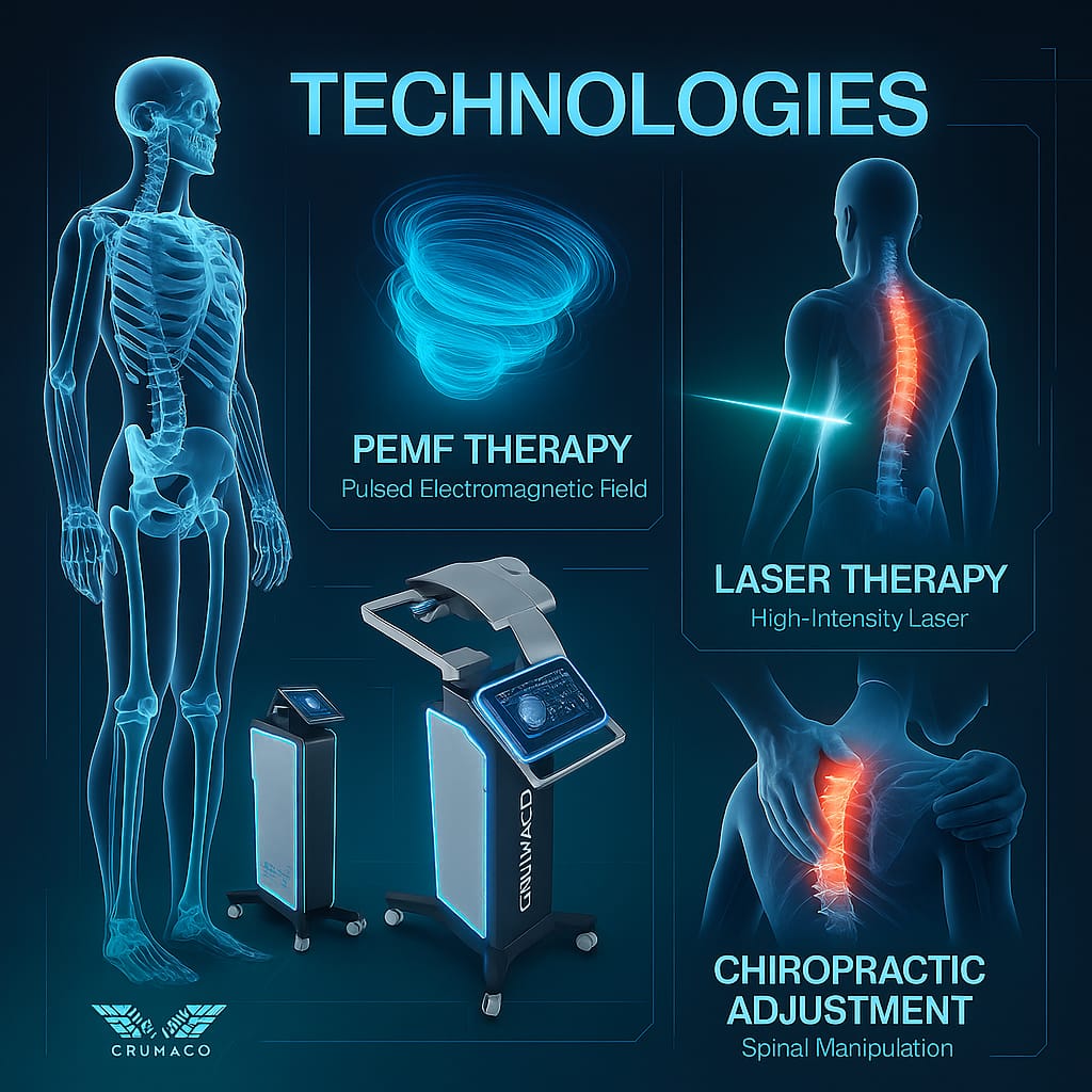 Medical technologies showing PEMF therapy with a pulsed electromagnetic field, laser therapy targeting the spine, and chiropractic adjustment for spinal manipulation, alongside a human skeleton and therapy machines.
