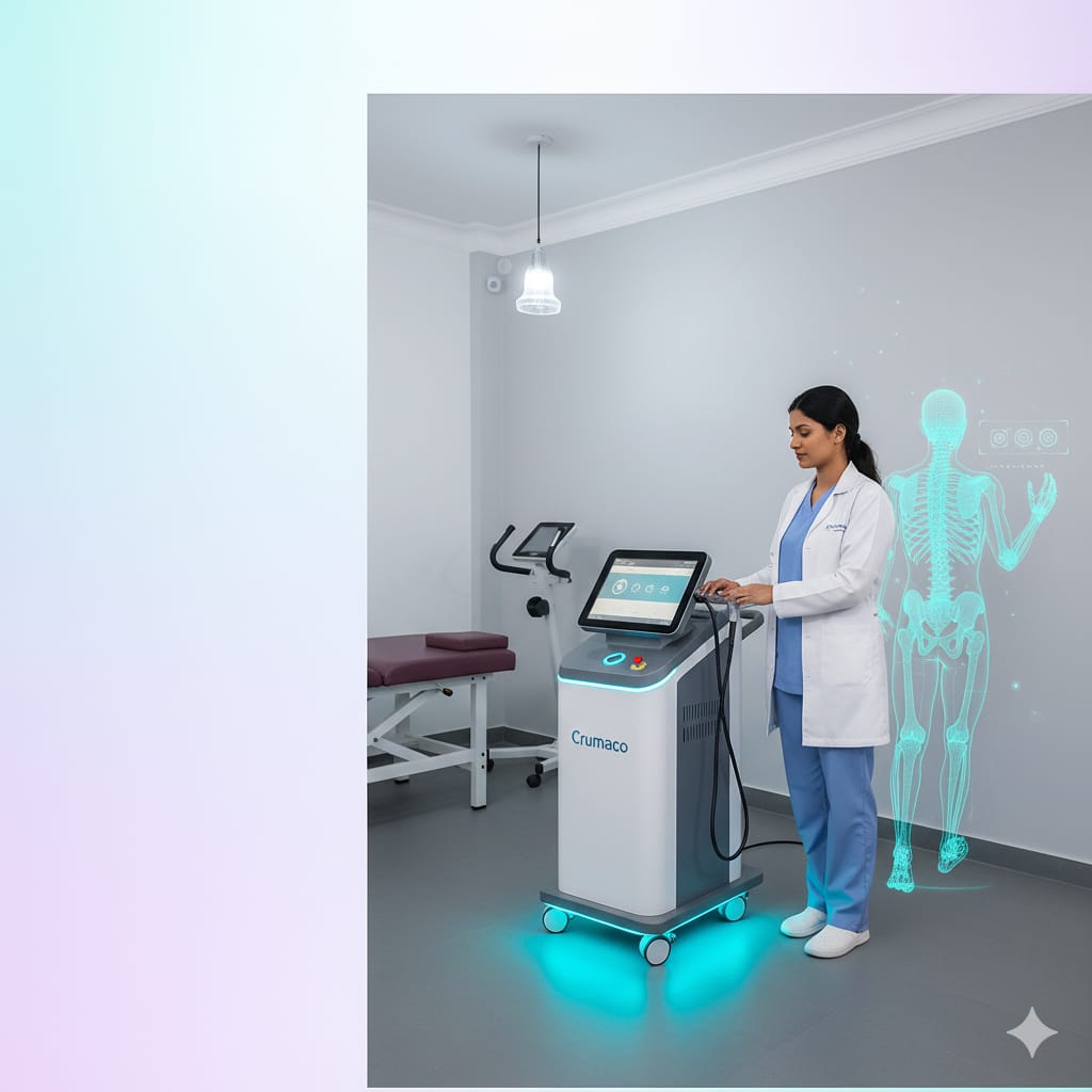 Medical professional operating a Crumaco machine in a clinical room with a digital skeleton hologram on the wall.