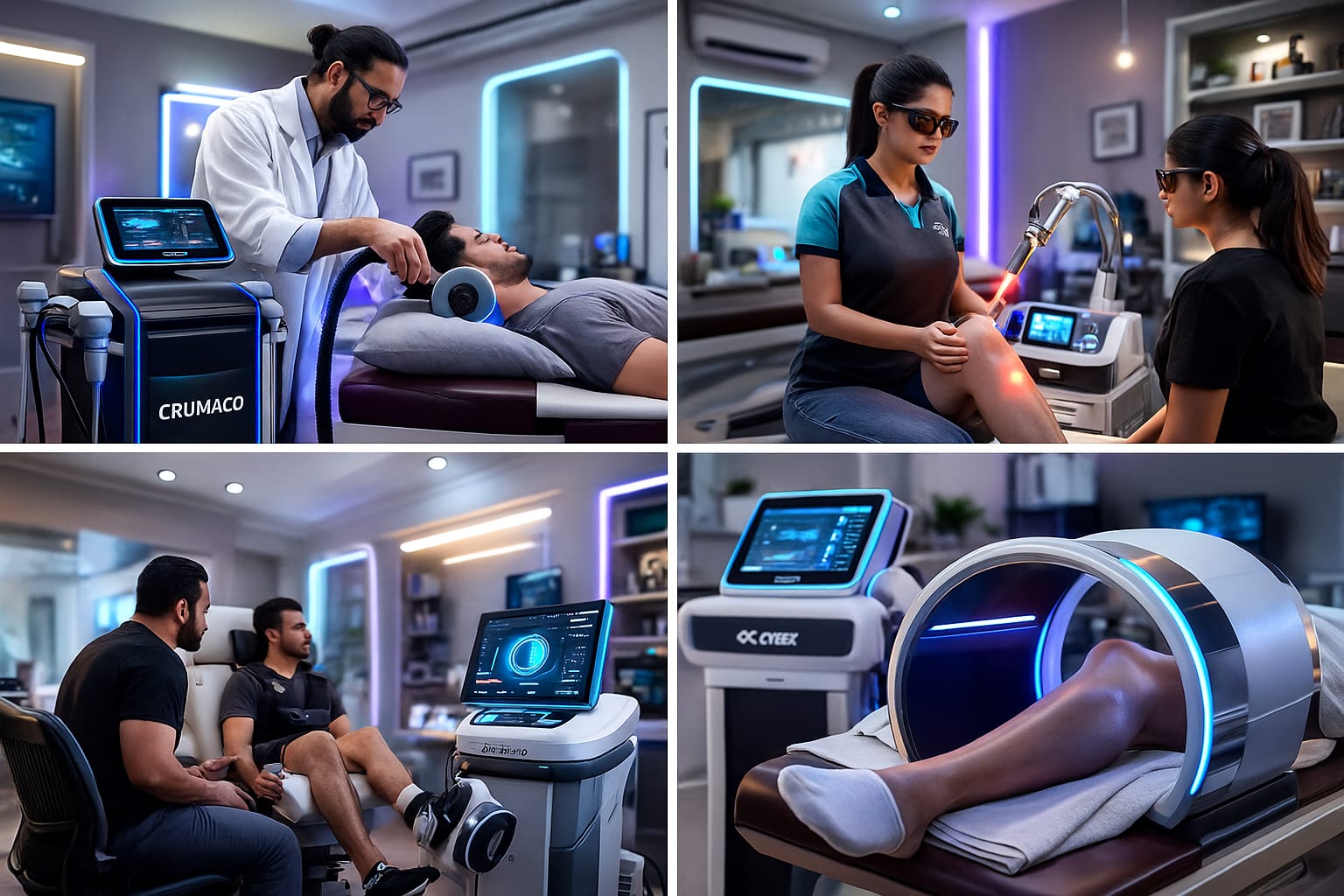 Collage of four images showing advanced physical therapy treatments using high-tech medical devices and laser therapy on patients' limbs in a modern clinical setting.