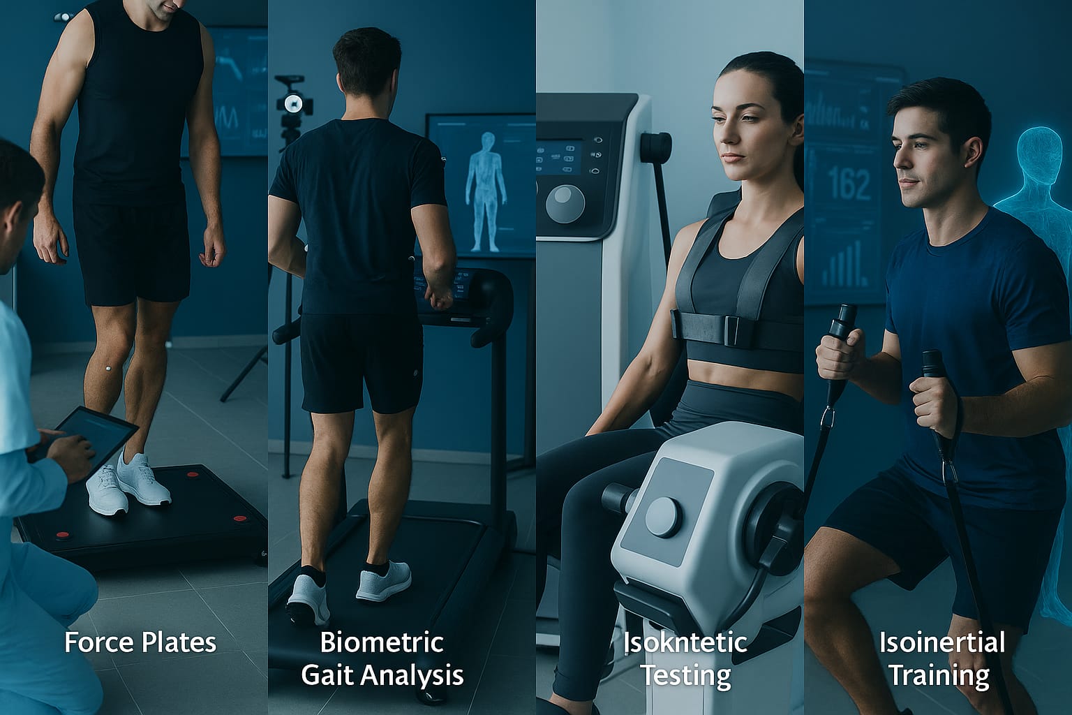 Four-panel image showing fitness assessments: force plates with a man monitored by a technician, biometric gait analysis on a treadmill, a woman using isokinetic testing equipment, and a man performing isoinertial training with resistance bands.