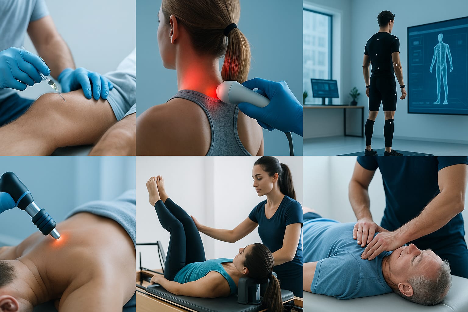 Collage of physical therapy treatments including injection in knee, laser therapy on neck, motion capture analysis, muscle stimulation on back, assisted leg exercise, and chest massage.