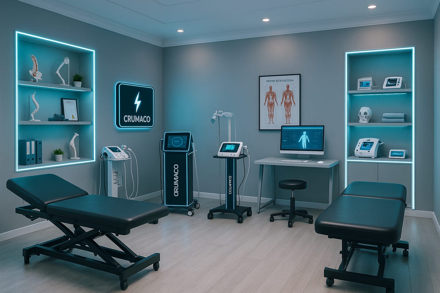 Modern medical examination room with two black adjustable beds, diagnostic machines labeled CRUMACO, a computer showing a human figure, anatomical posters, and illuminated shelves with medical models and equipment.
