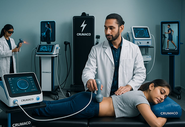 A male practitioner in a white coat using a CRUMACO ultrasound device on a woman lying on her side, while another female practitioner operates equipment in the background.