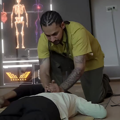 Man performing CPR chest compressions on a person lying face down indoors with a skeleton anatomy display in the background.